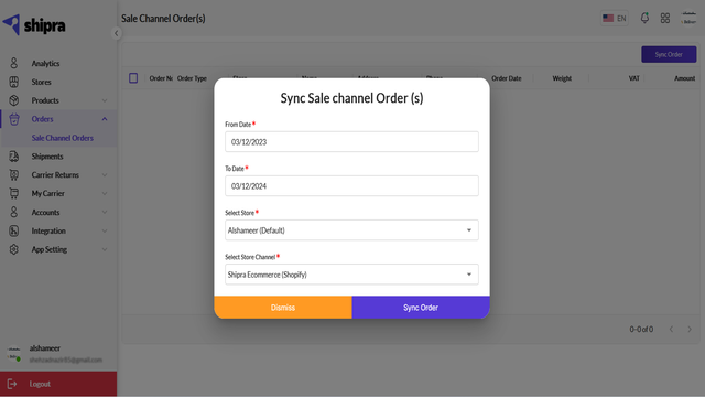 Tableau de bord de récupération des commandes du canal de vente Shipra depuis la plateforme Shopify