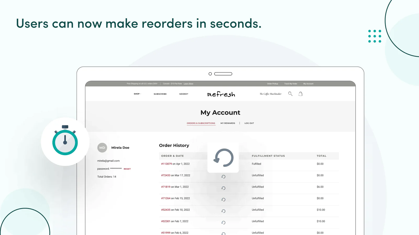 Easy Reorder for repeat purchases, Flits – Customer Account Page