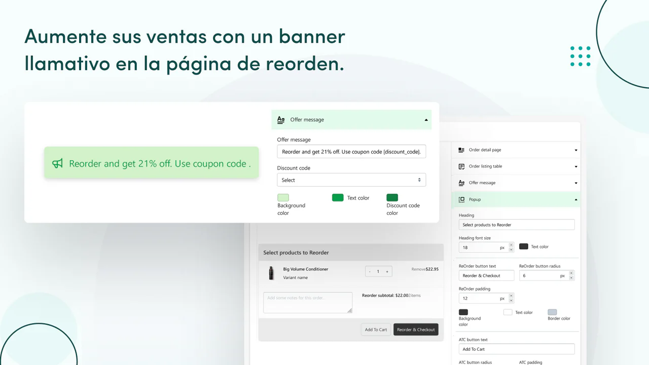 Aumente sus ventas con un banner claro en la página de reorden.