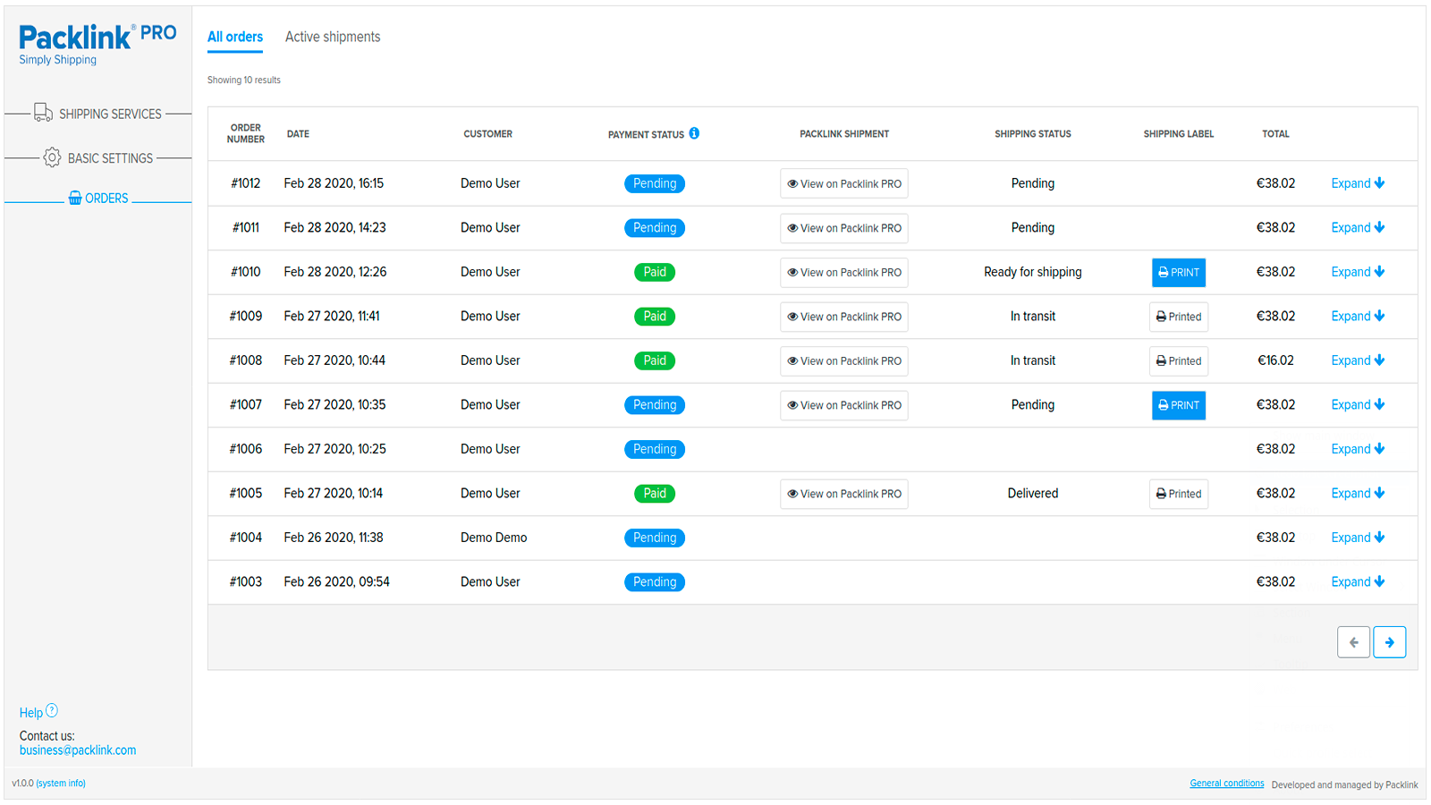 Packlink PRO Shipping Platform Screenshot