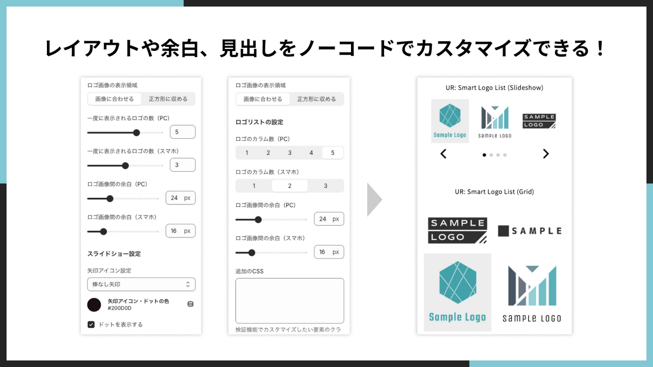 レイアウトや余白、見出しをノーコードでカスタマイズできる！