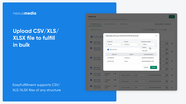 Upload CSV/XLS/XLSX file to fulfill in bulk