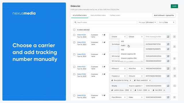 Kies een vervoerder en voeg handmatig een trackingnummer toe