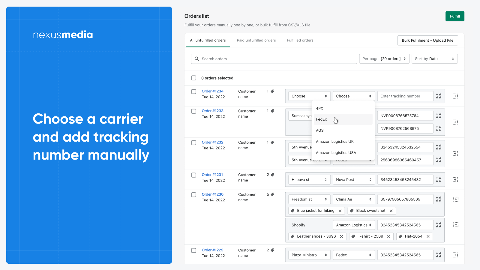 Choose a carrier and add tracking number manually