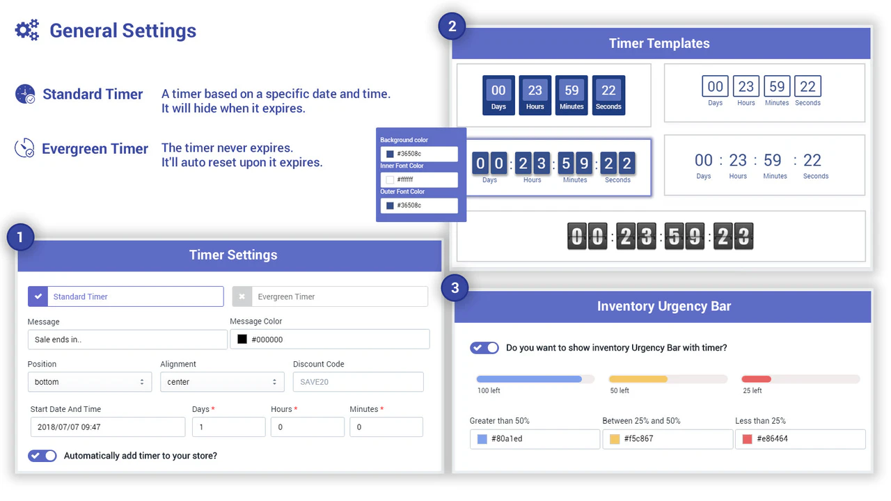 scarcity timer, count down timer, sold stock and more