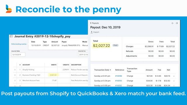 Postar pagamentos do Shopify para QuickBooks e Xero correspondem ao feed bancário