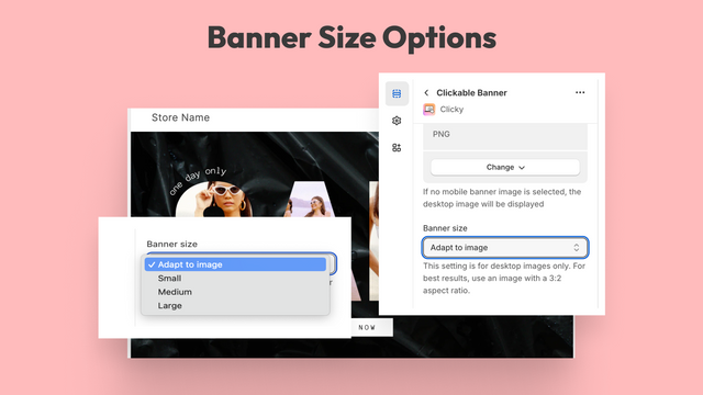 Banner Grootte Opties: aanpassen naar afbeelding, klein, groot, medium