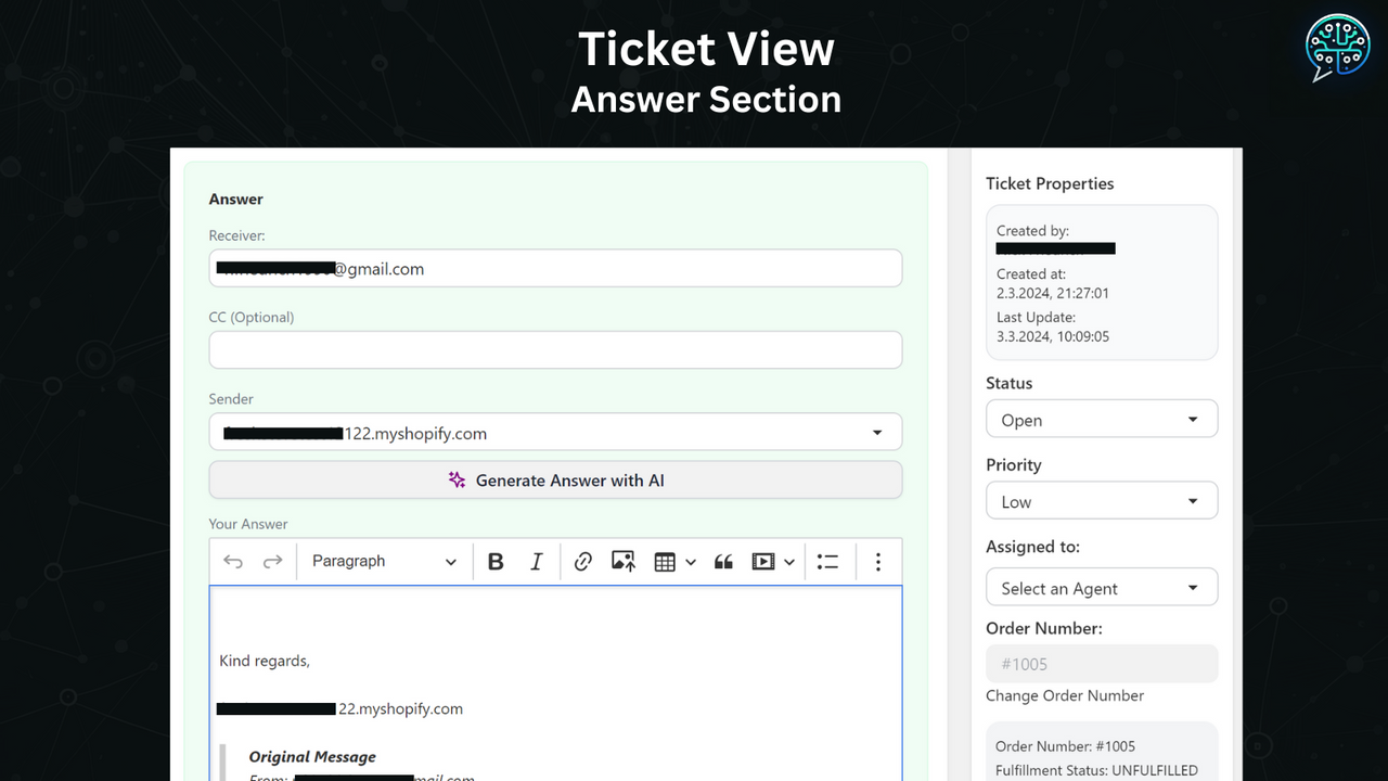 Seção de resposta do ticket