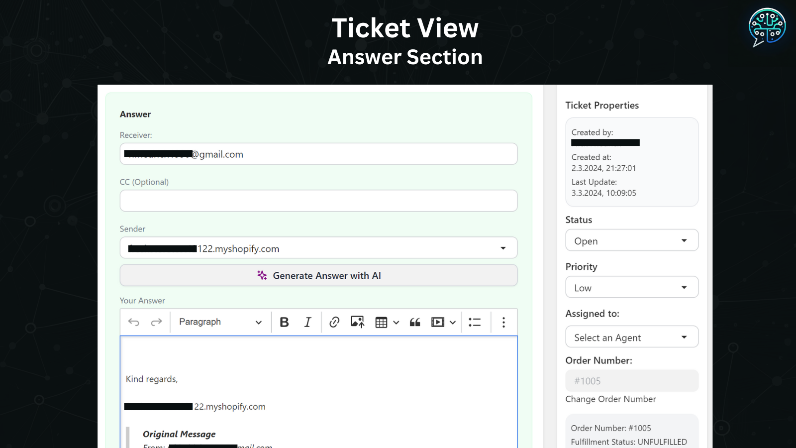 Seção de resposta do ticket