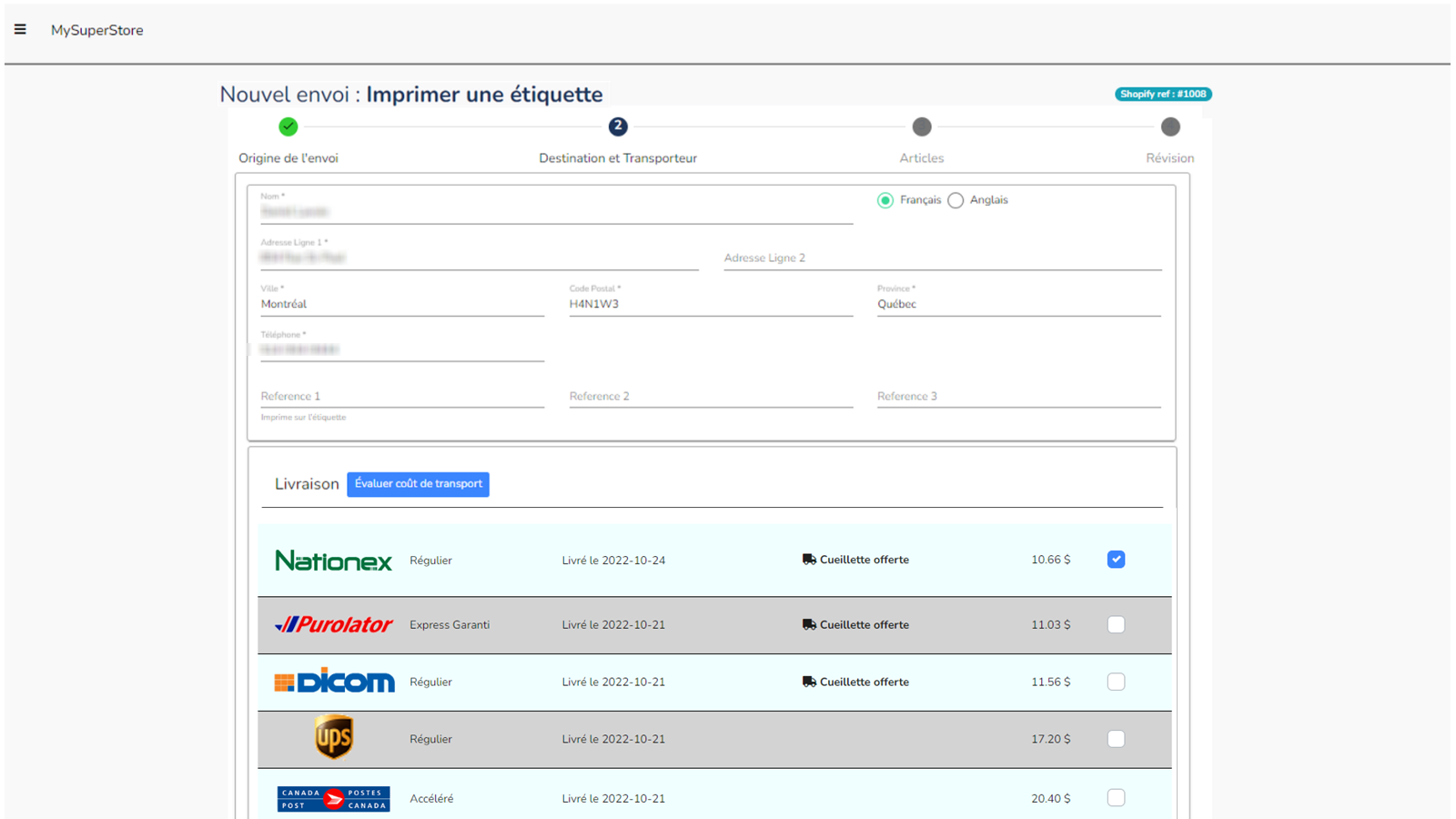 Evaluation transporteurs