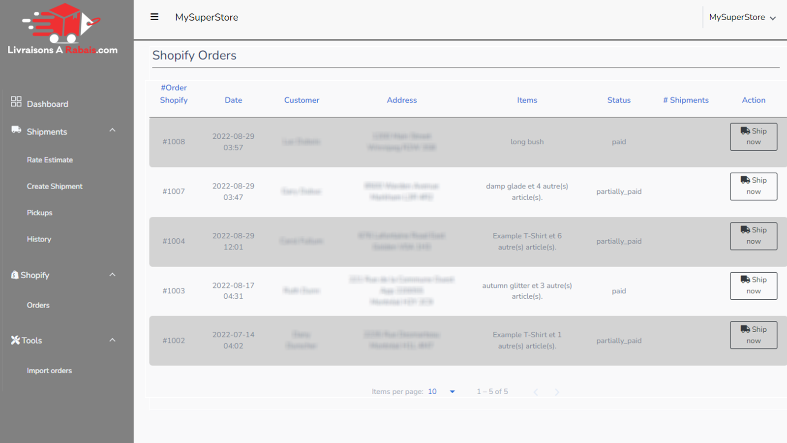 Commandes Shopify sur site livraisons à rabais