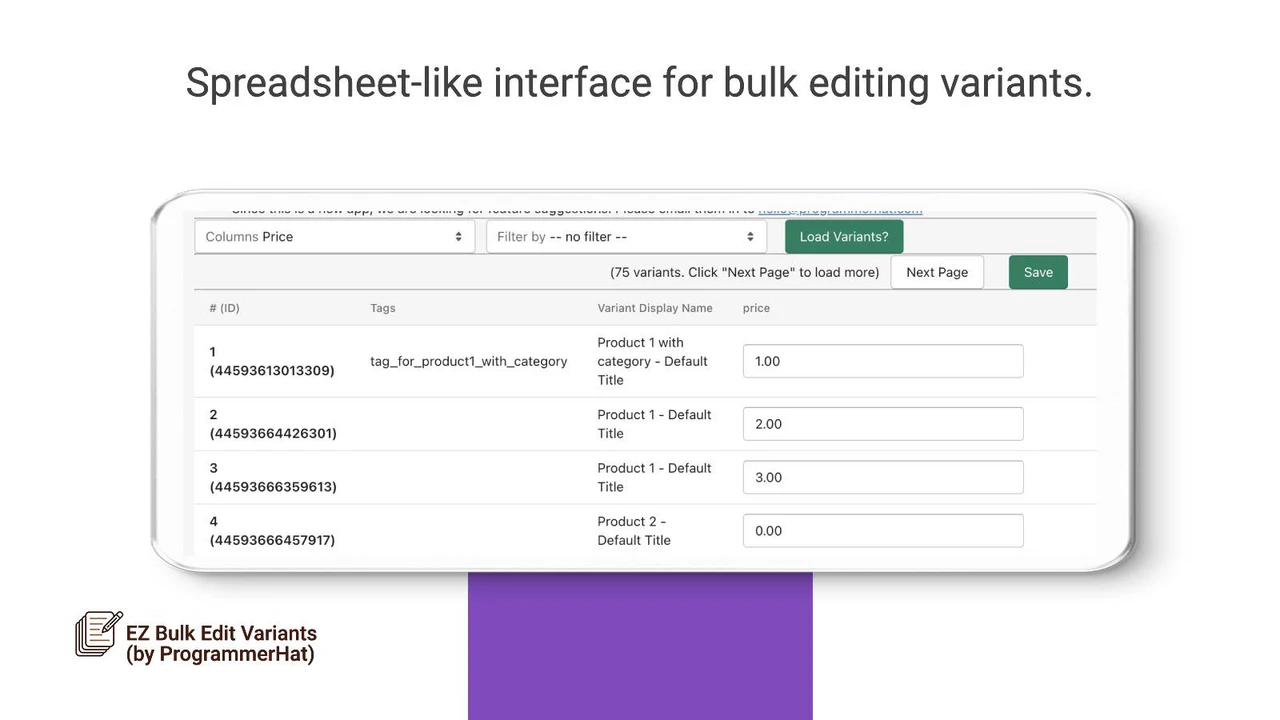 Spreadsheet-like interface for bulk editing variants