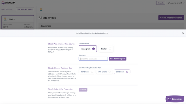 Lookalike Audience Maker Agregar cuenta de IG o TikTok
