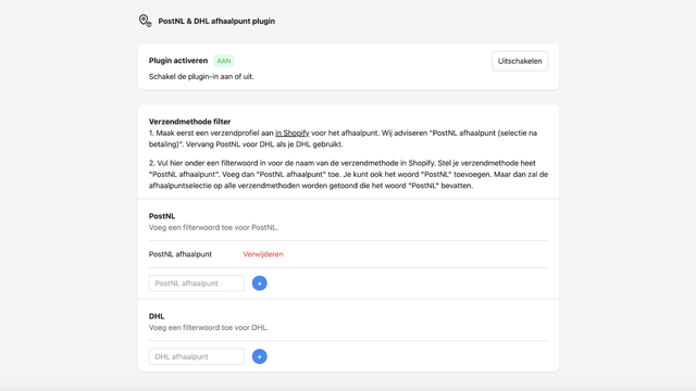 PostNL and DHL pick up point settings