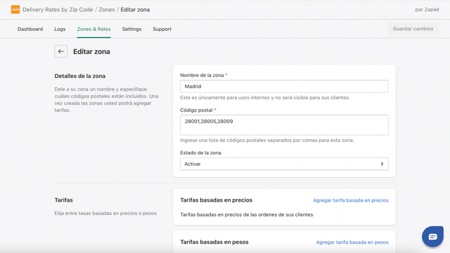 Crear zonas de código postal para manejar tus tarifas