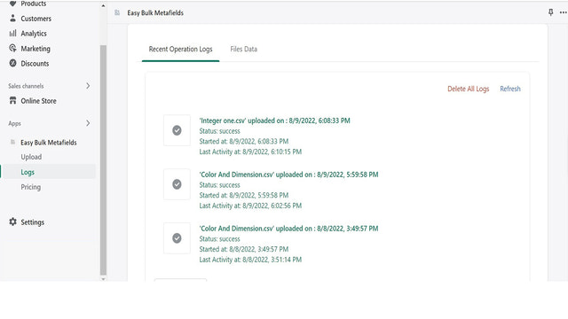 Logs section of Easy Bulk Metafields app for Shopify