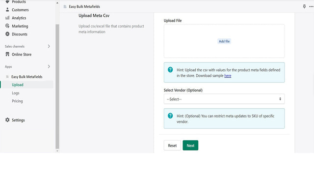 Upload section of Easy Bulk Metafields app for Shopify