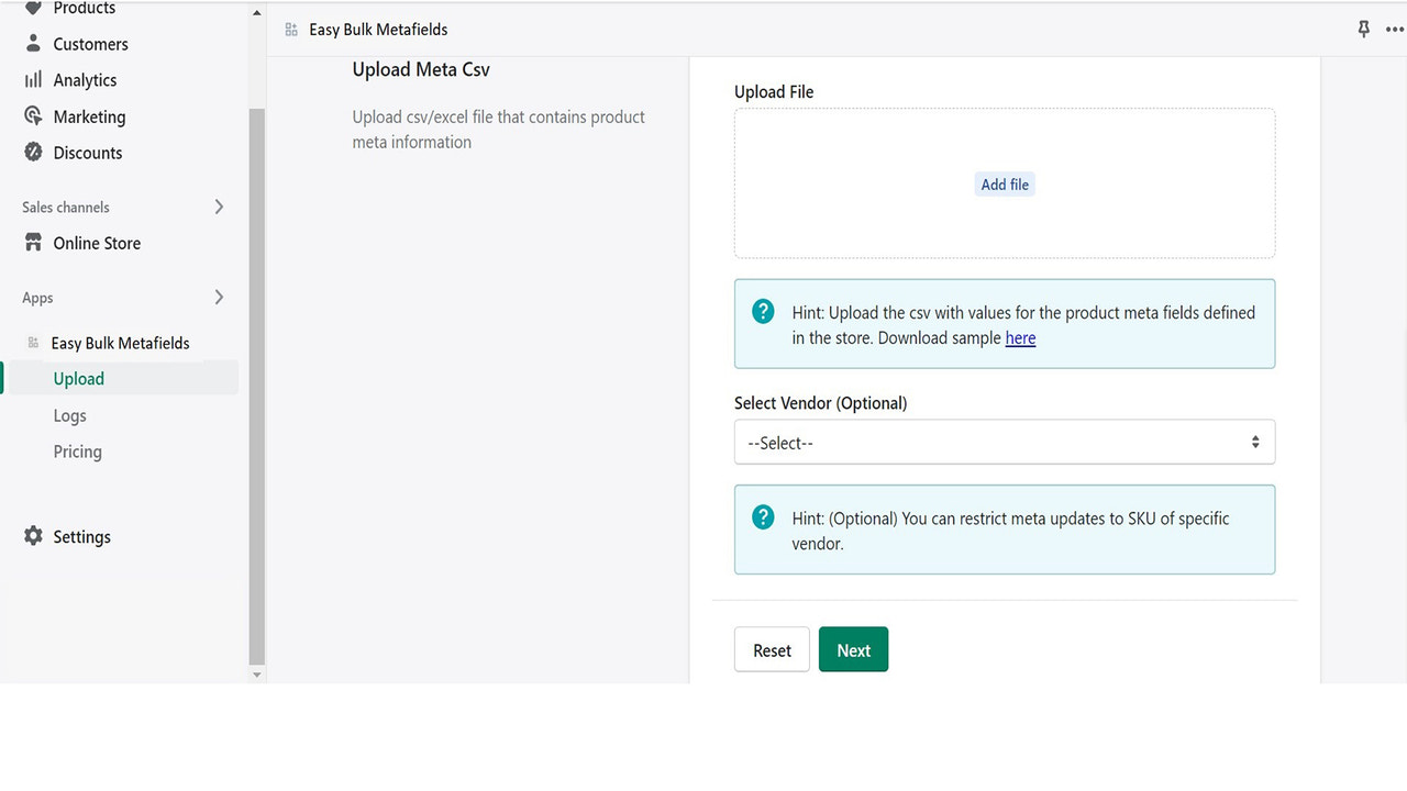 Upload section of Easy Bulk Metafields app for Shopify
