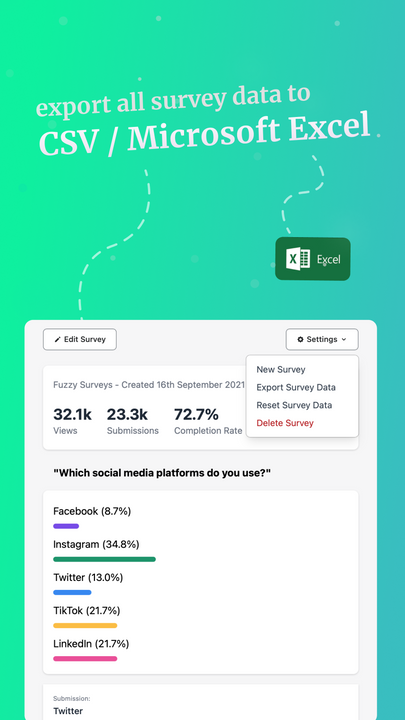 exportera undersökningsdata till CSV / Microsoft Excel