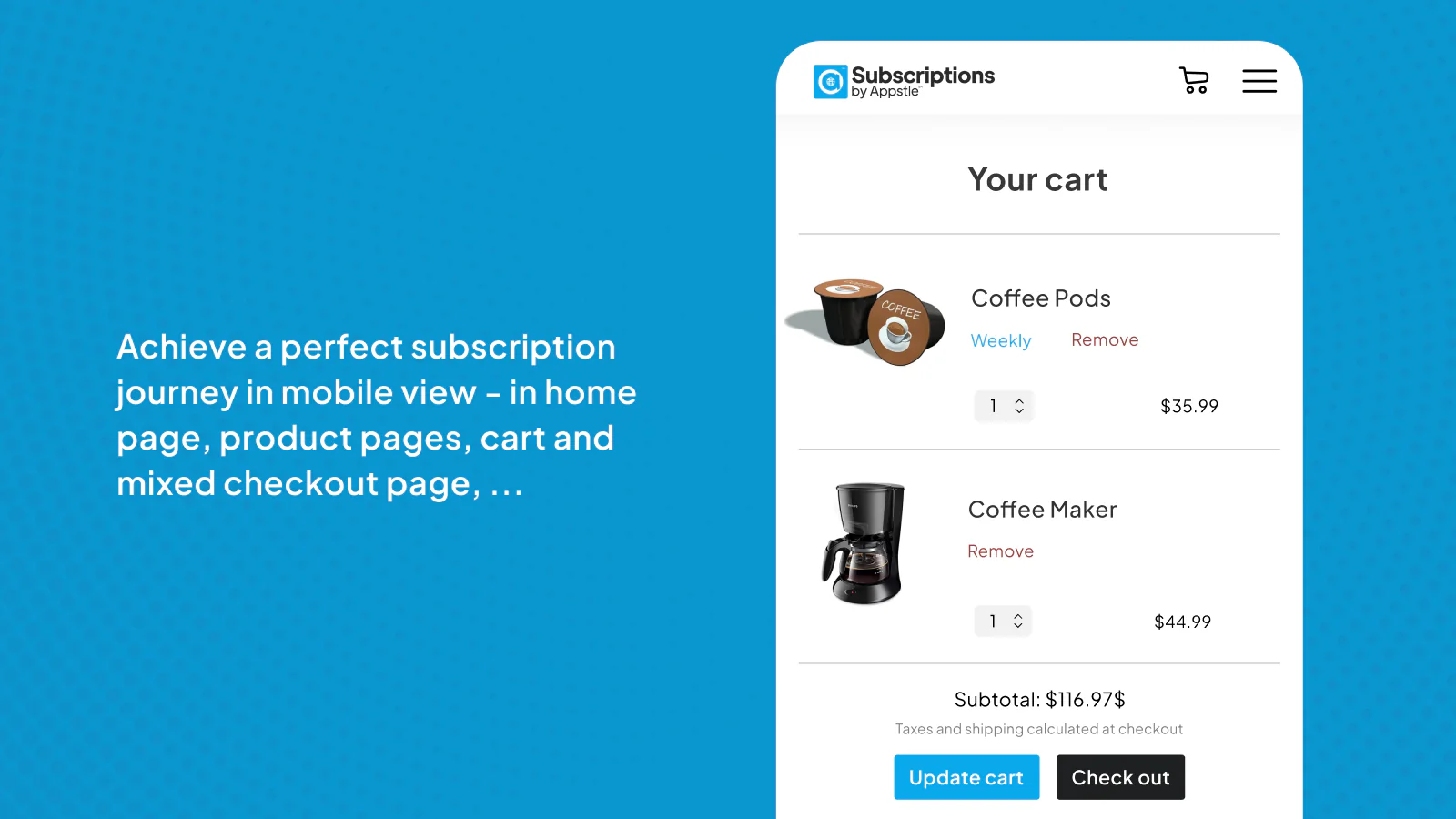 Easy subscription and one time purchase checkout from mobile