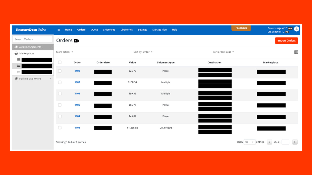 Página de pedidos no cumplidos de FreightDesk Online