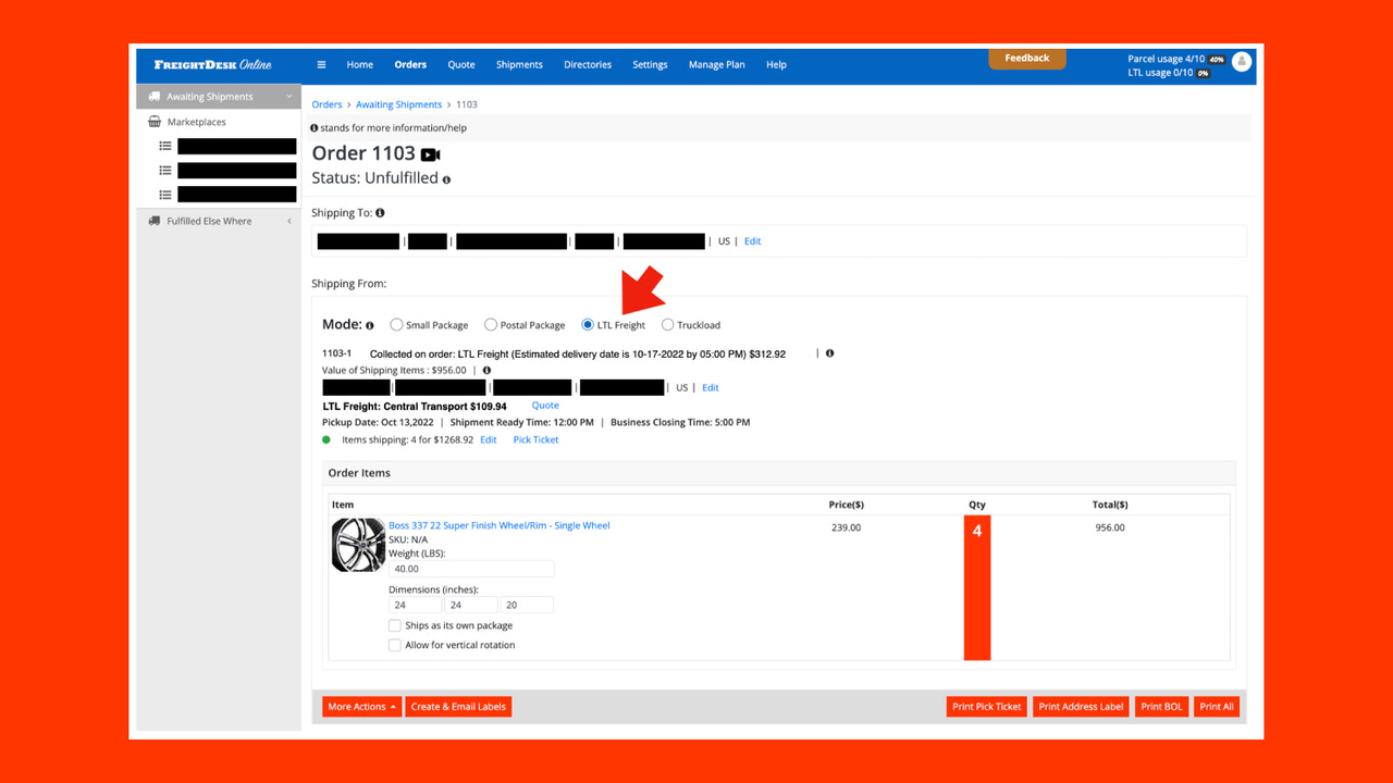 FreightDesk Online Process LTL Freight Order Page