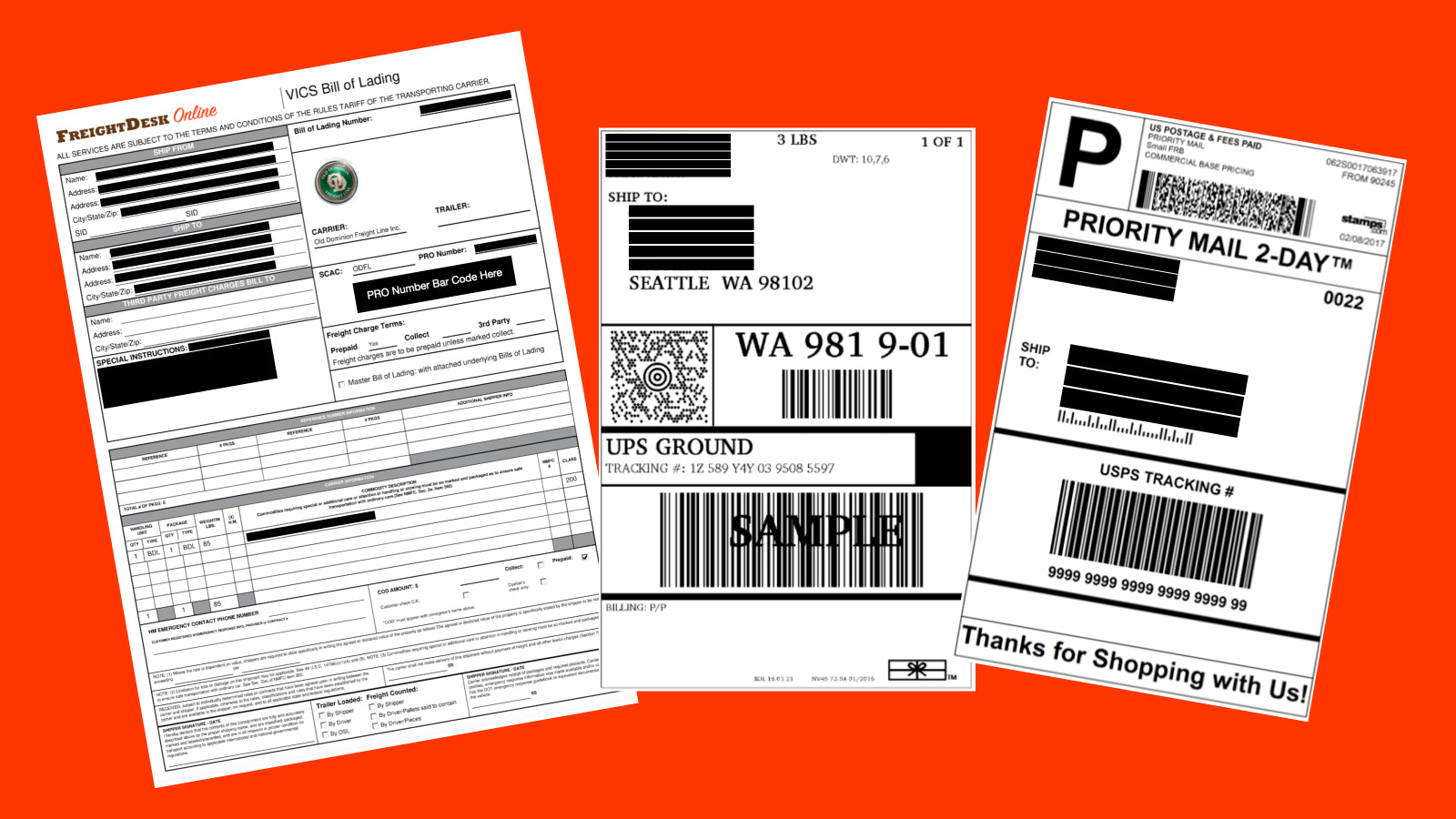 Ejemplos de etiquetas y documentación de envío de FreightDesk Online