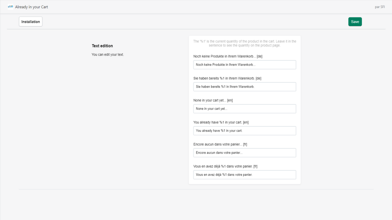 Settings of the application