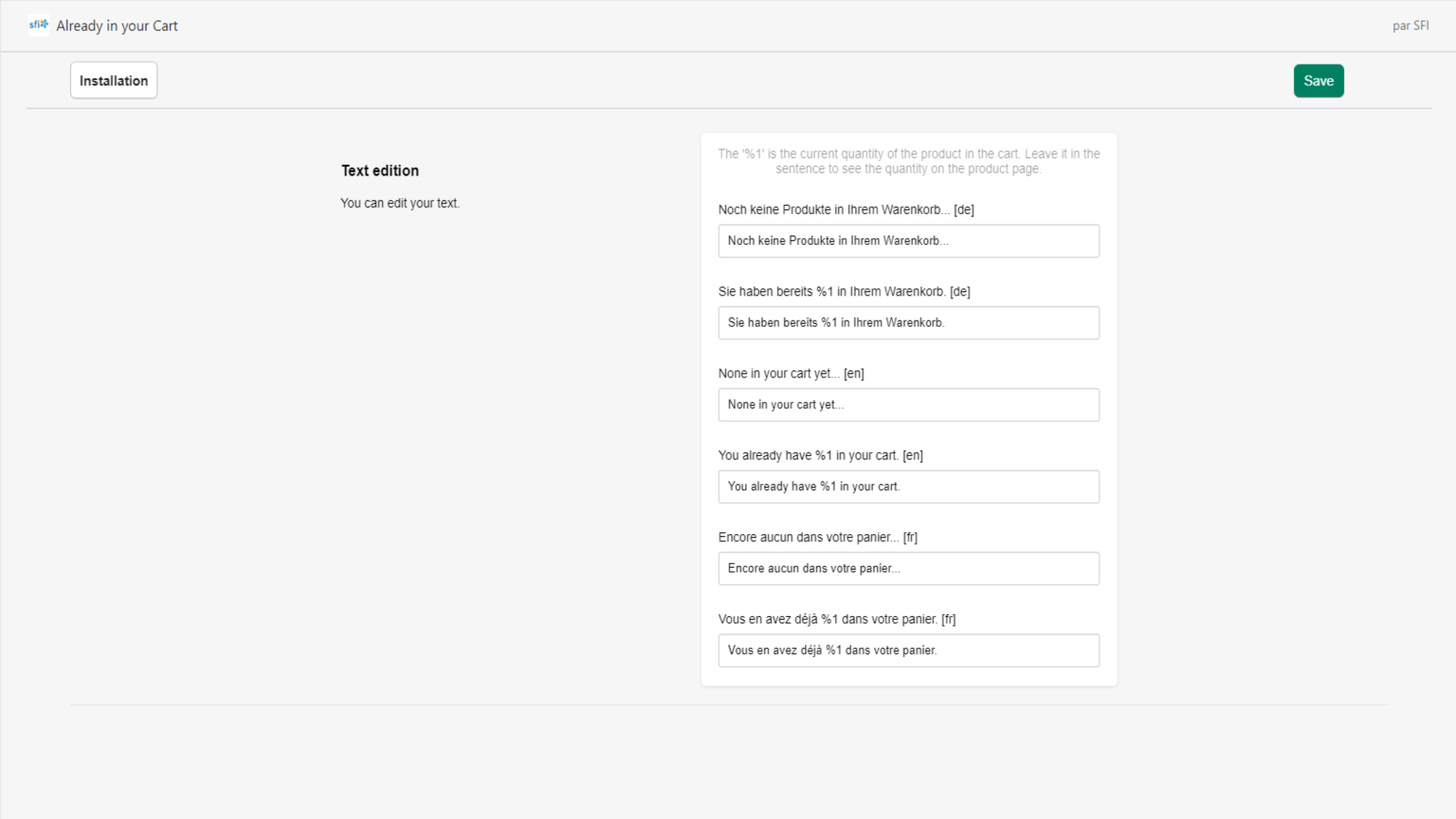 Settings of the application