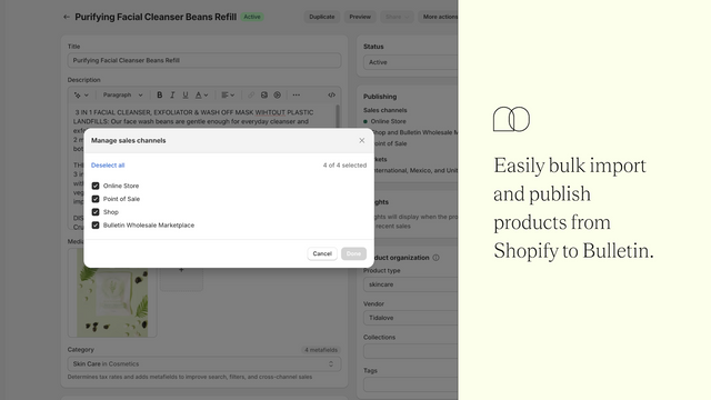 Easily bulk import and publish products from Shopify to Bulletin