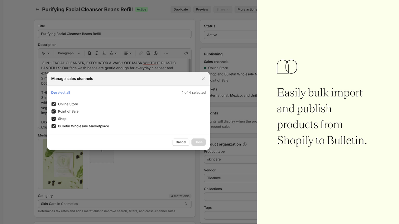 Easily bulk import and publish products from Shopify to Bulletin