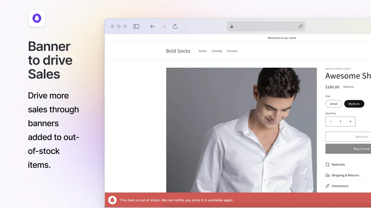 Out of stock banner to increase subscribers & drive conversions.