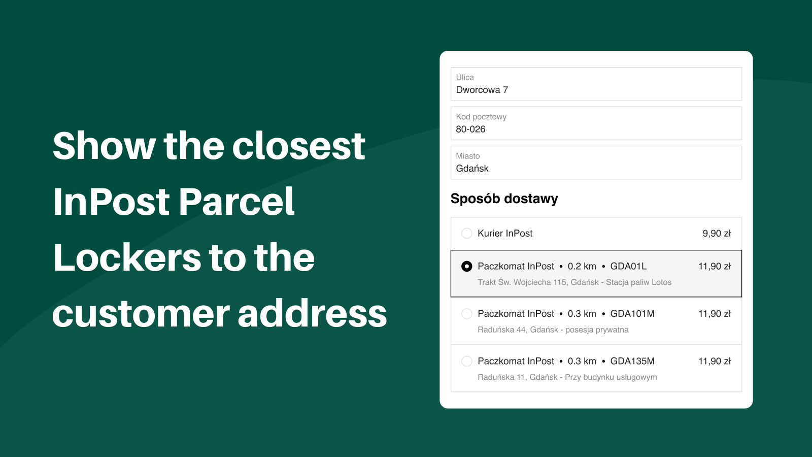 Show the closest InPost Parcel Lockers to the customer address