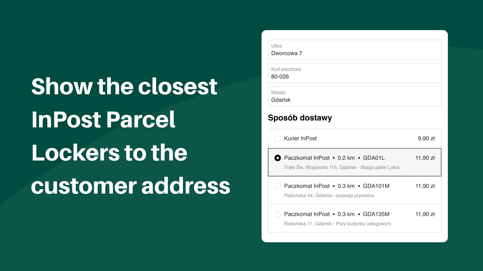 Show the closest InPost Parcel Lockers to the customer address