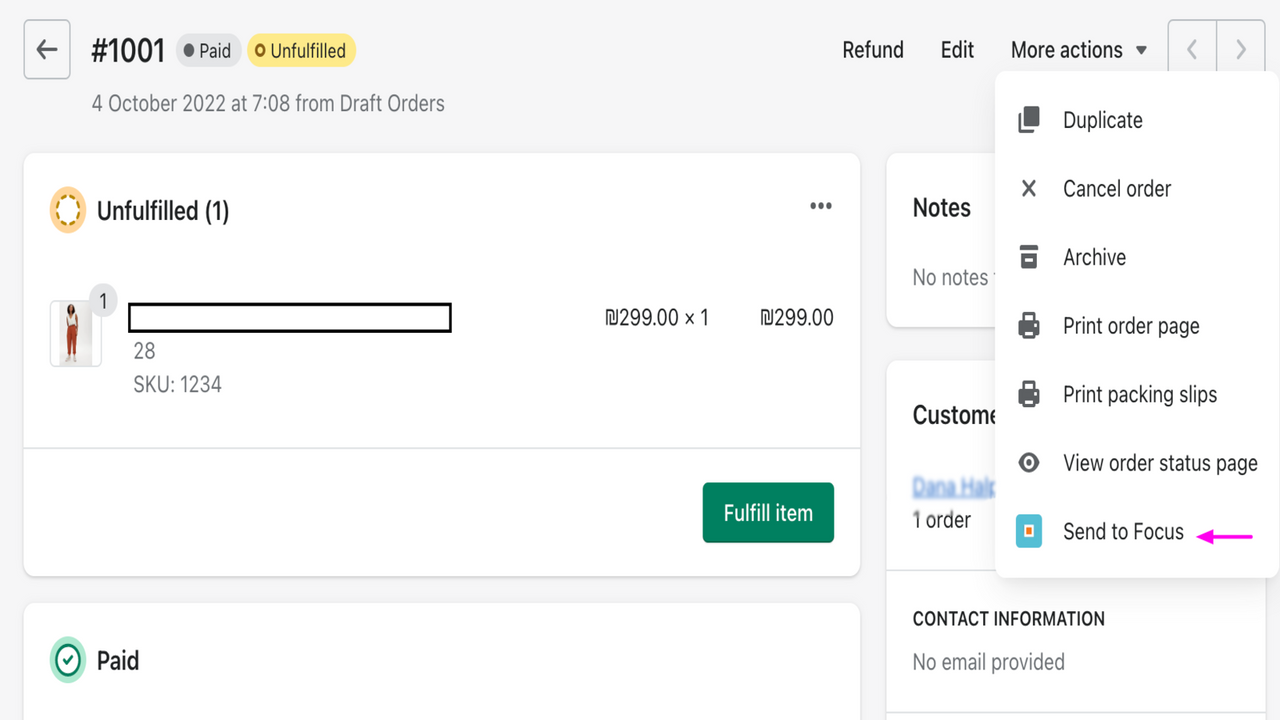 Create Focus shipment from shopify order