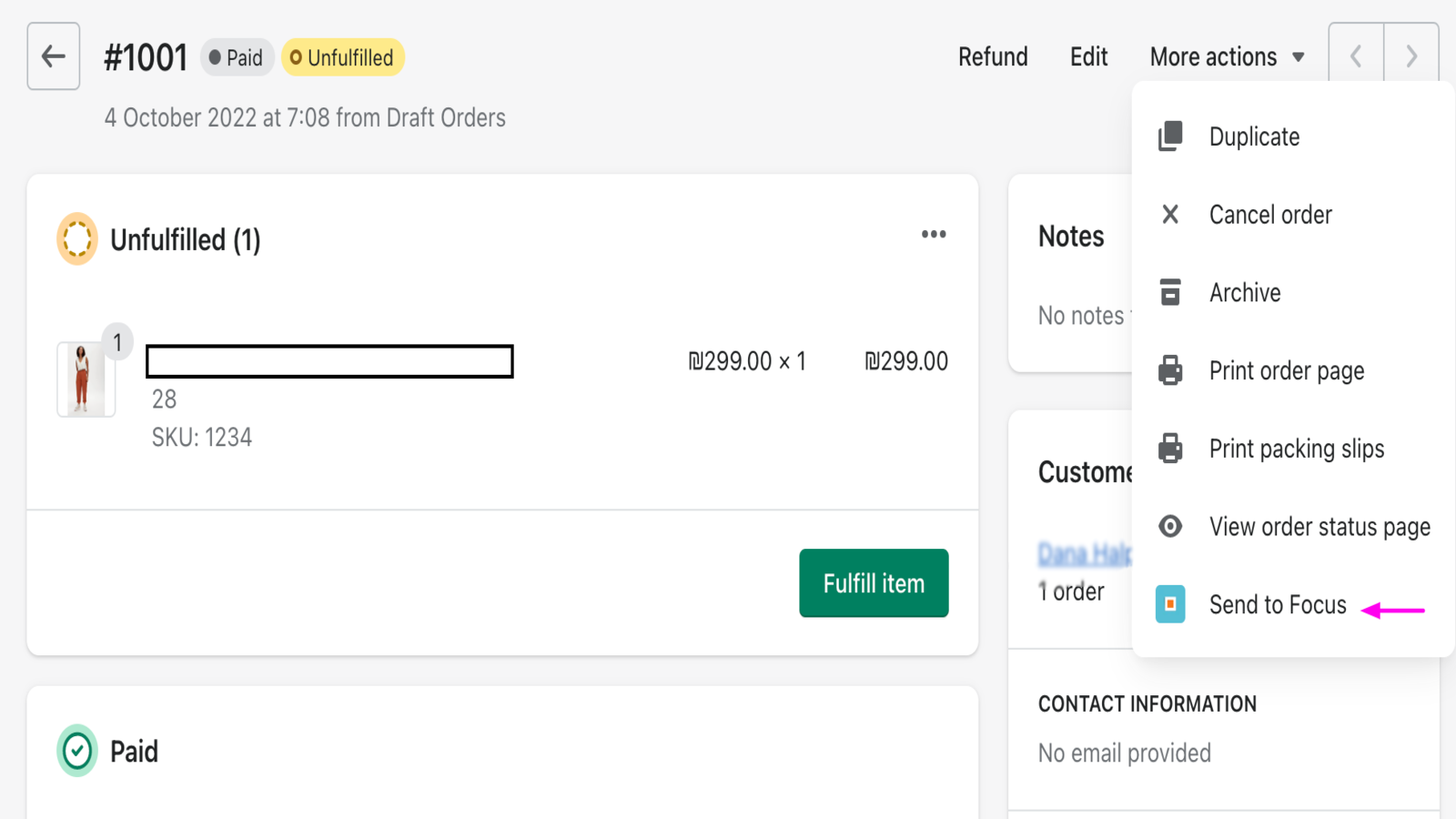 Create Focus shipment from shopify order