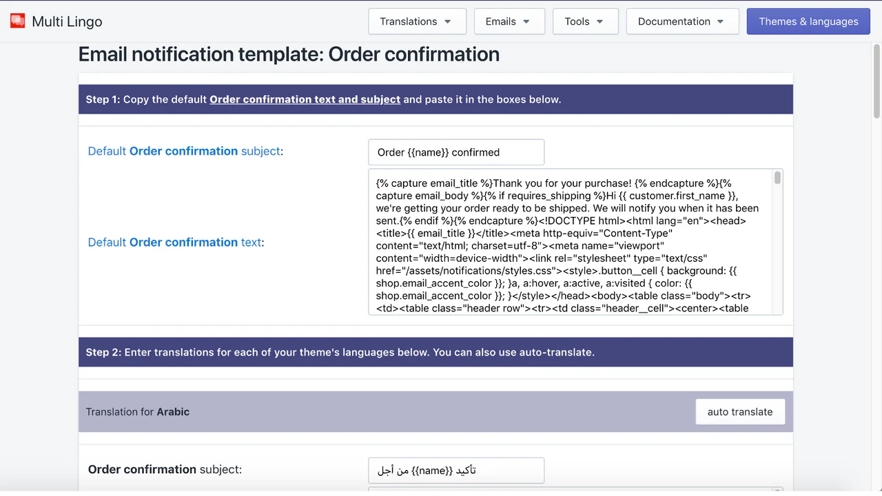 Traducciones de correos electrónicos de notificación