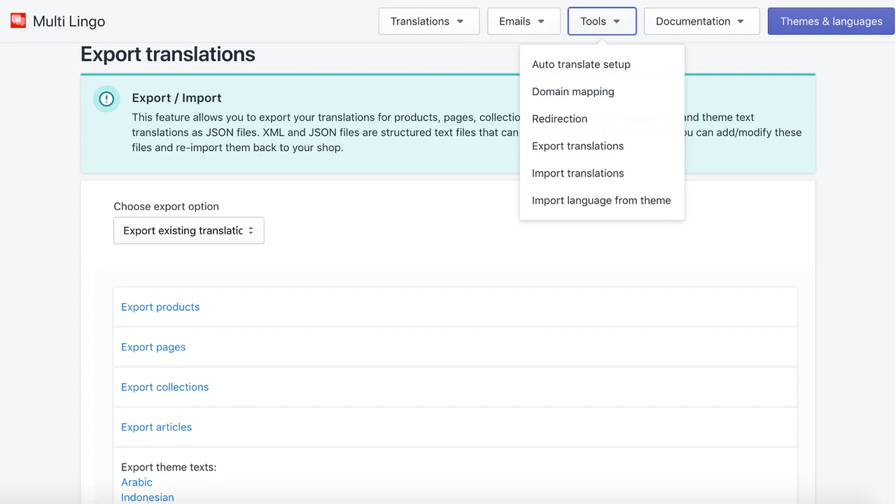 Multi Lingo tools: Import/export, domeinmapping, omleiding,..