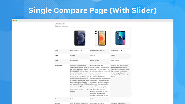 Página única de comparação (com slider)