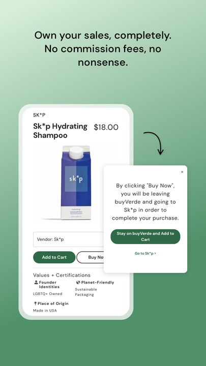 Produktsida med Köp nu-knapp som omdirigerar till varumärkets webbplats