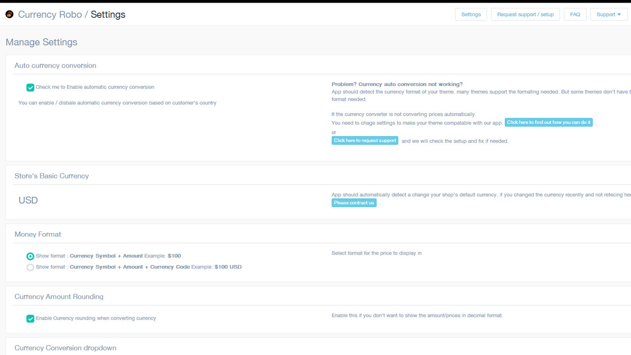 Panel de control de la aplicación y configuraciones