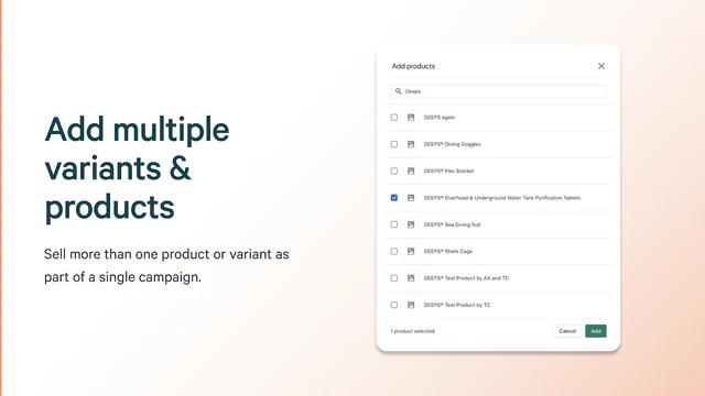 Add multiple variants text, adding products screenshot