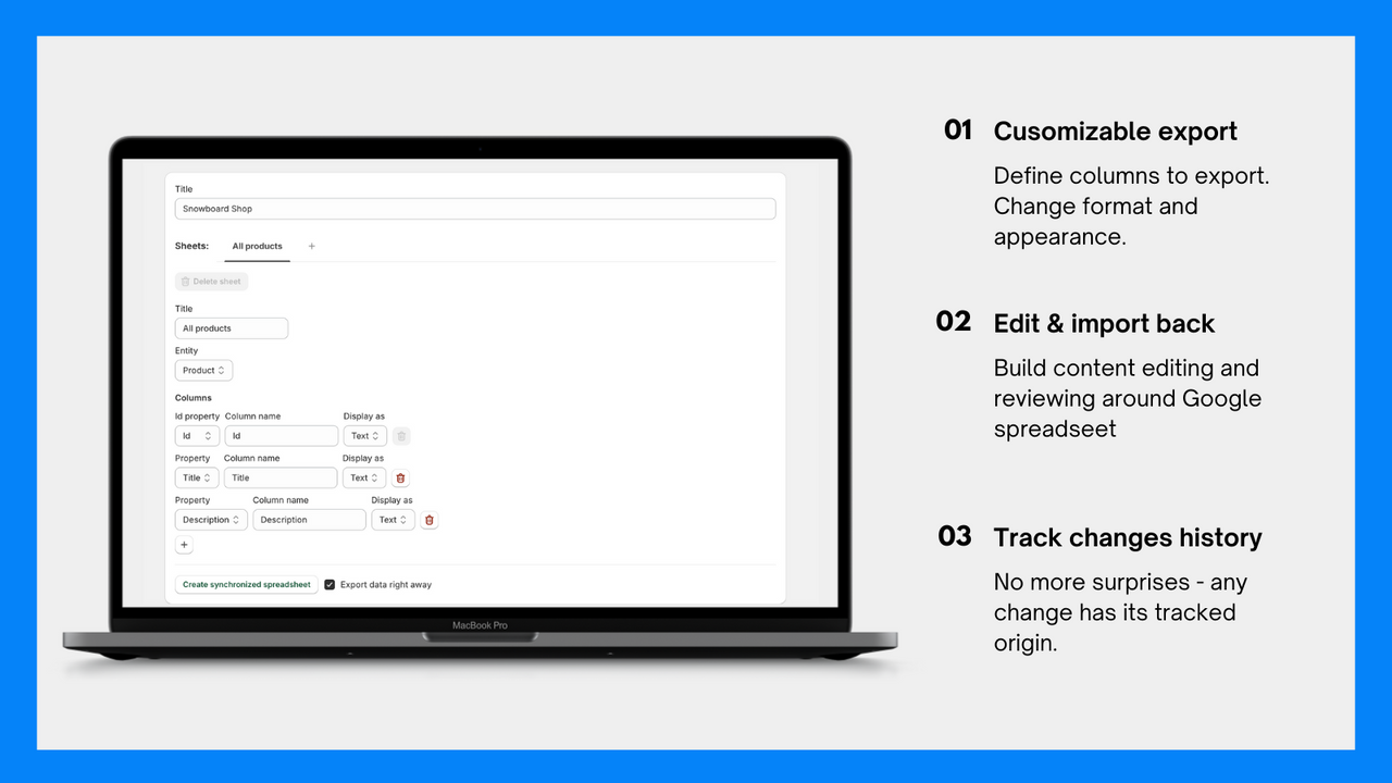 Customizable spreadsheet export