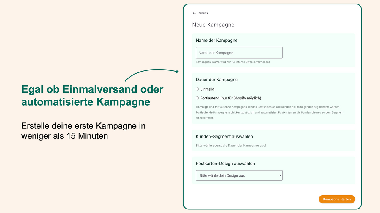 Interface für Erstellung einer neuen Kampagne