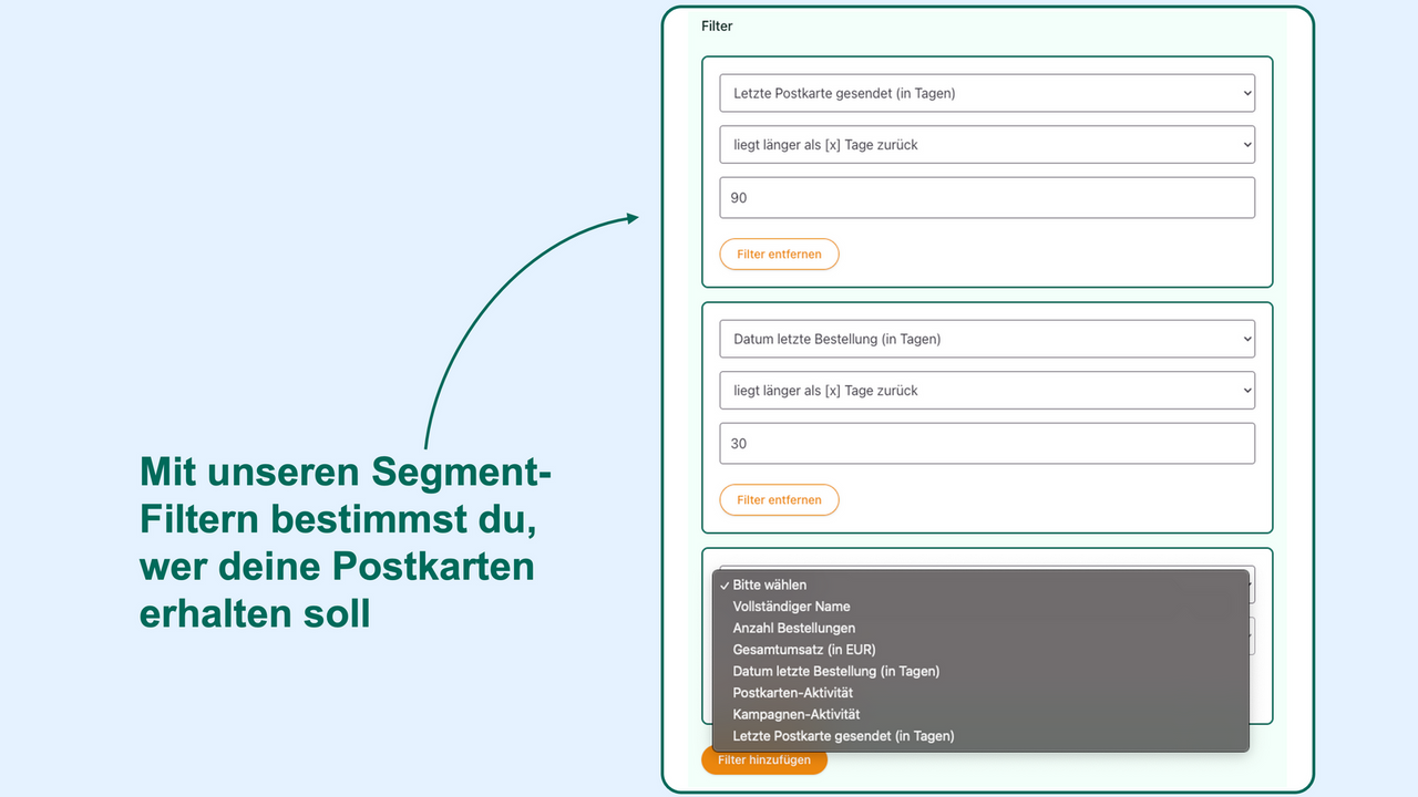 Auswahl verschiedener Filter bei der Segment-Definition