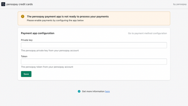 Configure o aplicativo pensopay inserindo a chave privada da conta e o token