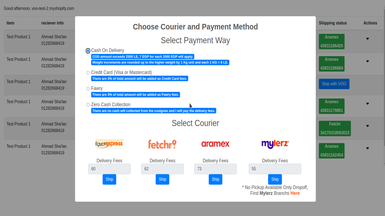 Escolha entre a forma de pagamento disponível e as transportadoras disponíveis