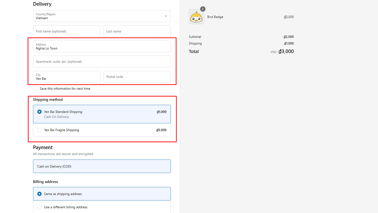 Options de livraison au paiement basées sur l'adresse