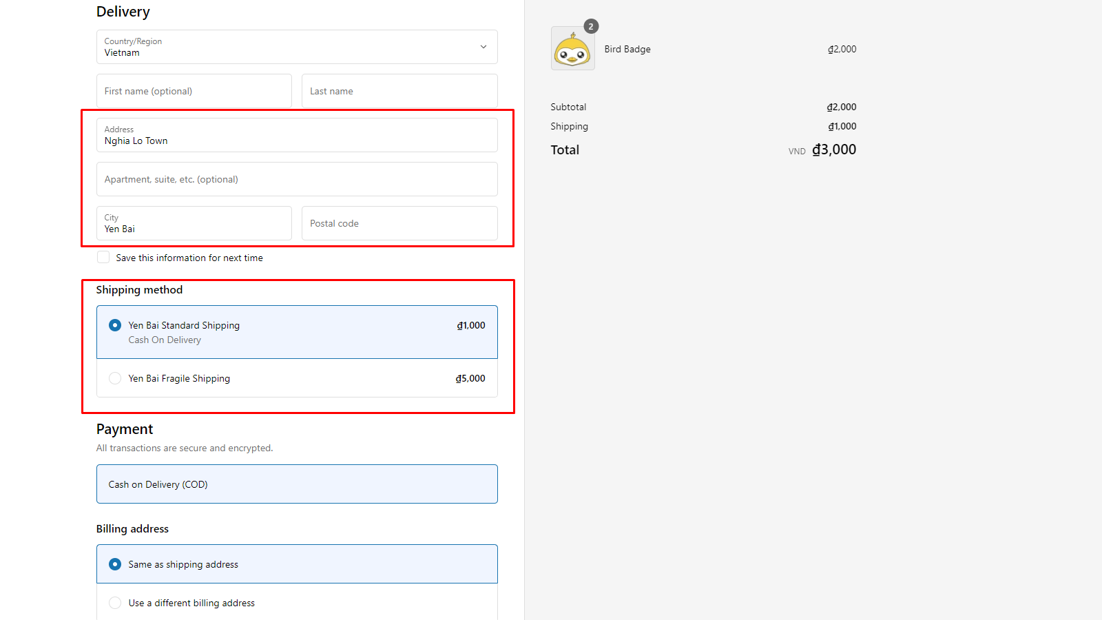 Options de livraison au paiement basées sur l'adresse