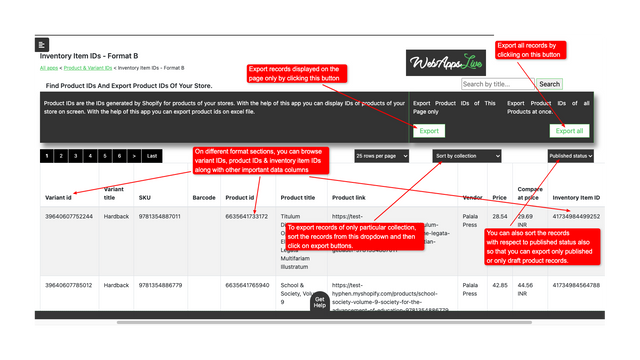 exporteer product, variant, voorraaditem ID's